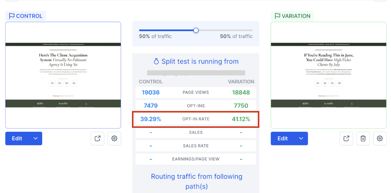 Landing page split test showing opt-in rates of 39.29% and 41.12%.