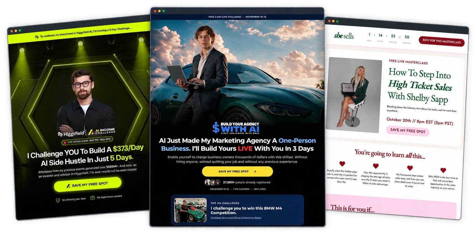 Three webinar registration pages from big info-business names: a 5-day AI income challenge, a 3-day build-your-agency challenge, and a free high-ticket sales masterclass.
